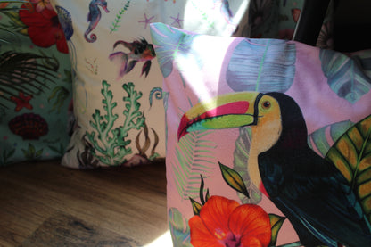 Toucan Plumeria Pink Cushion Cover